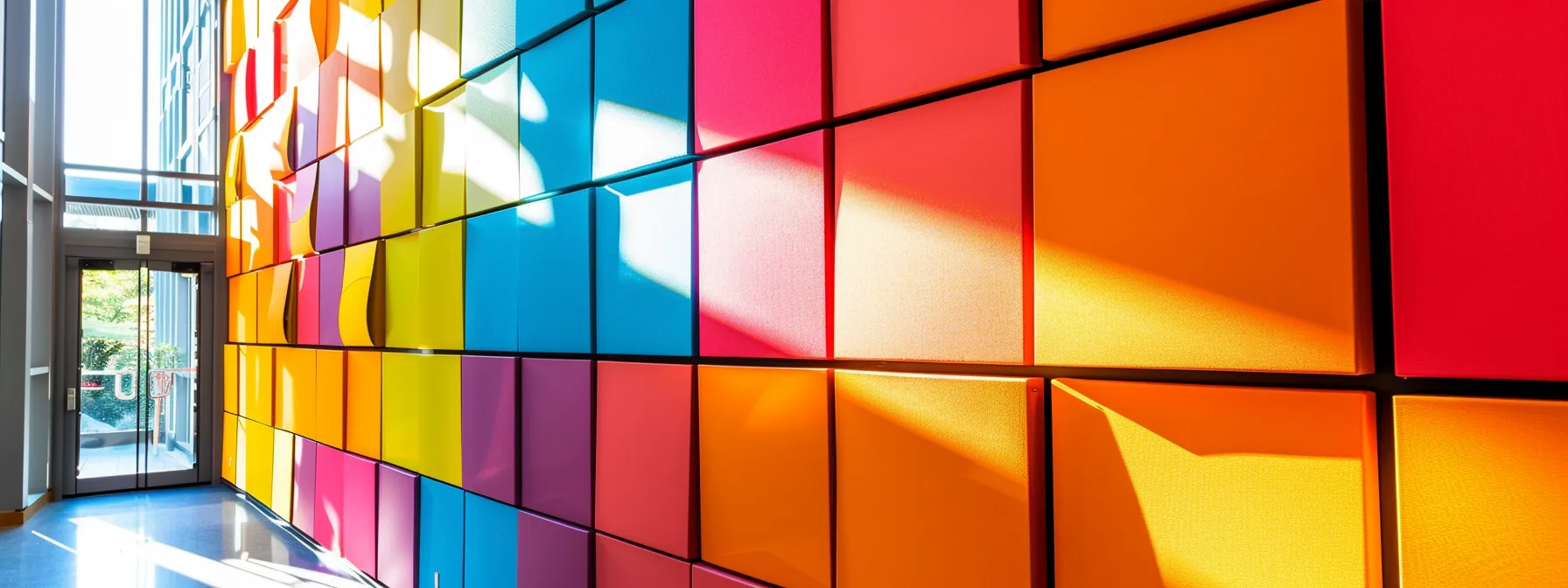 vibrantly colored custom acoustic wall panels line a room, creating a visually striking and sound-absorbing feature.