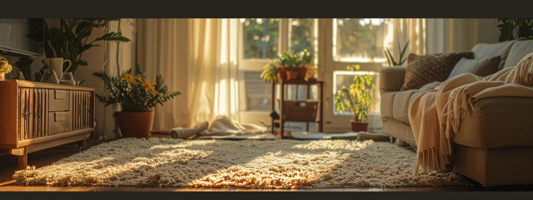 a cozy living room filled with plush rugs, thick carpets, and heavy curtains creating a serene oasis of tranquility.