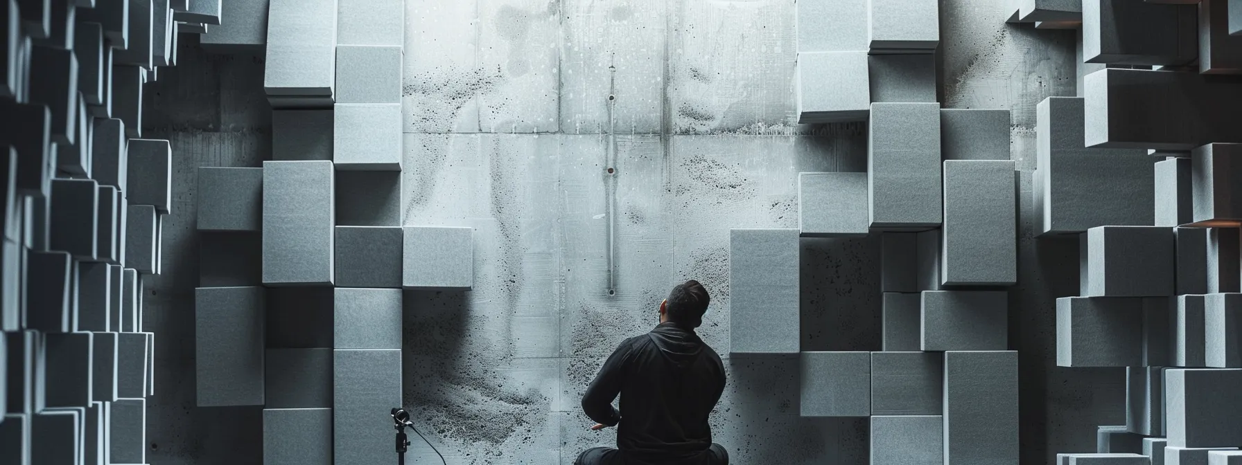 a person strategically arranging acoustic panels on a textured concrete wall to optimize sound absorption.