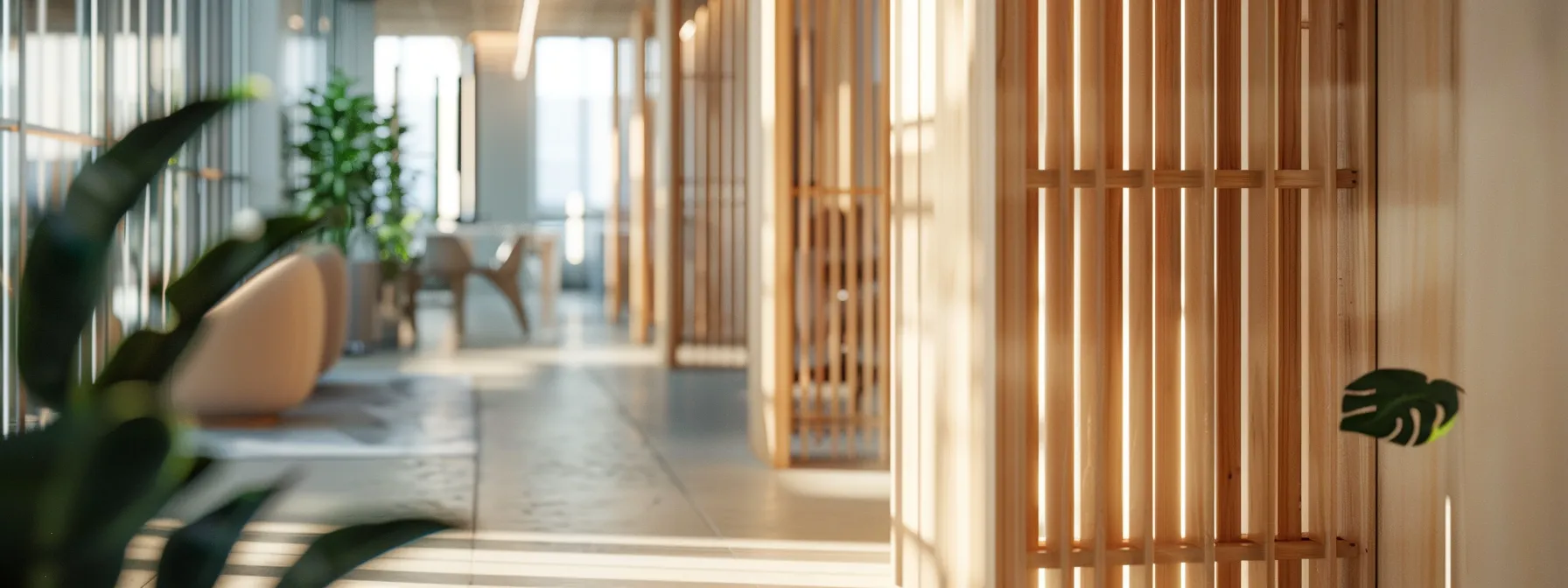 a serene office space with sleek wooden acoustic dividers seamlessly integrated into the modern decor.