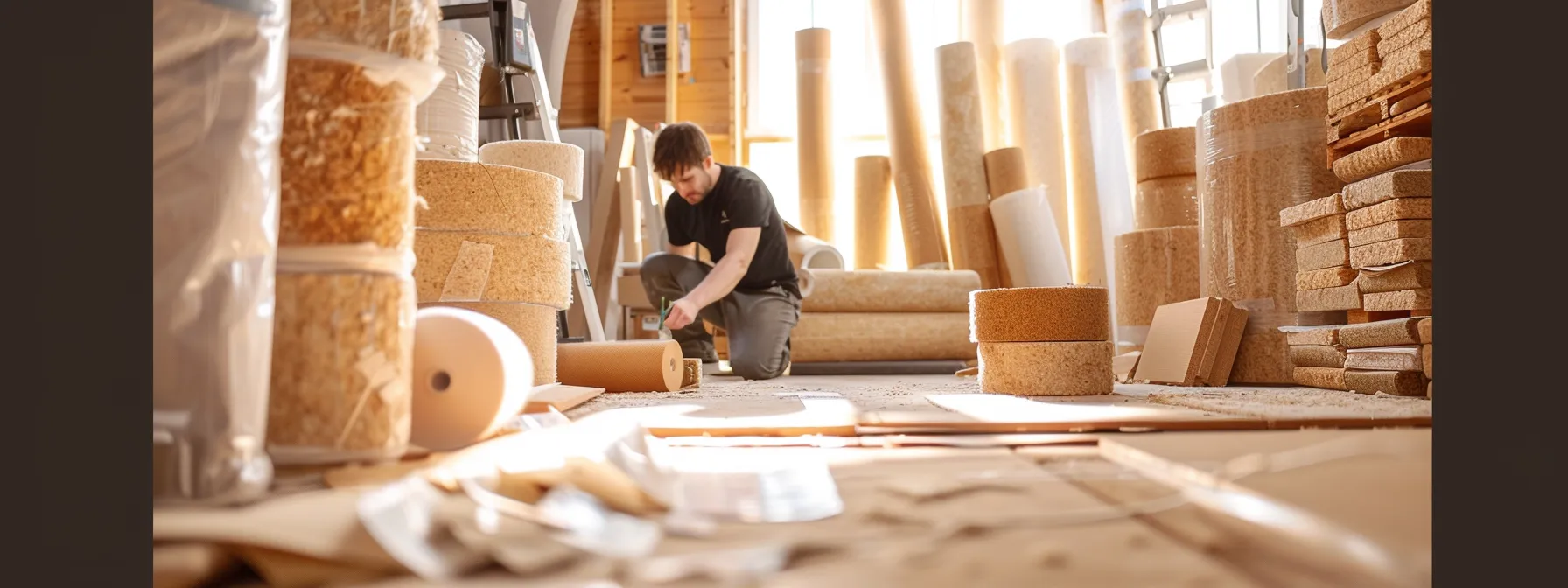 a person carefully selecting between diy and professional acoustic materials, surrounded by rolls of mineral wool and sound-absorbing panels.