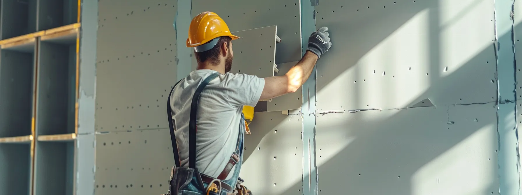 a construction worker installing acoustic panels on a wall.