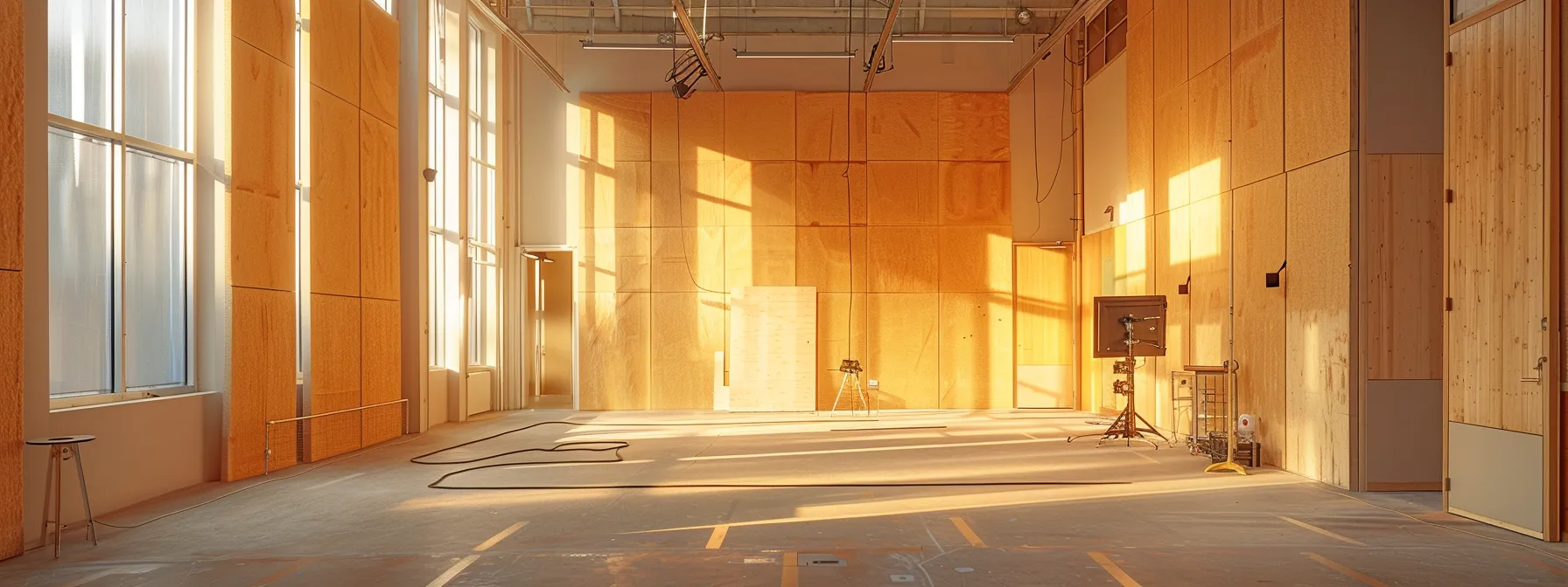 a room with precise measurements, plywood walls, acoustic foam, and ceiling boards, showcasing the process of assessing space for acoustic improvements.