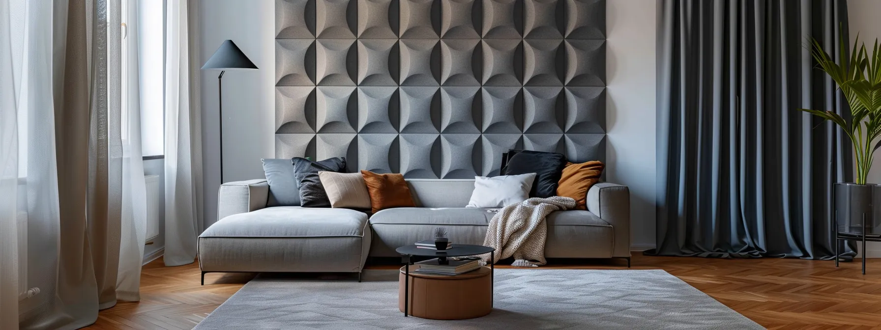 a modern living room with stylish wall-mounted acoustic panels, cozy rugs, and elegant curtains creating a harmonious blend of sound-absorbing materials for optimal acoustics.