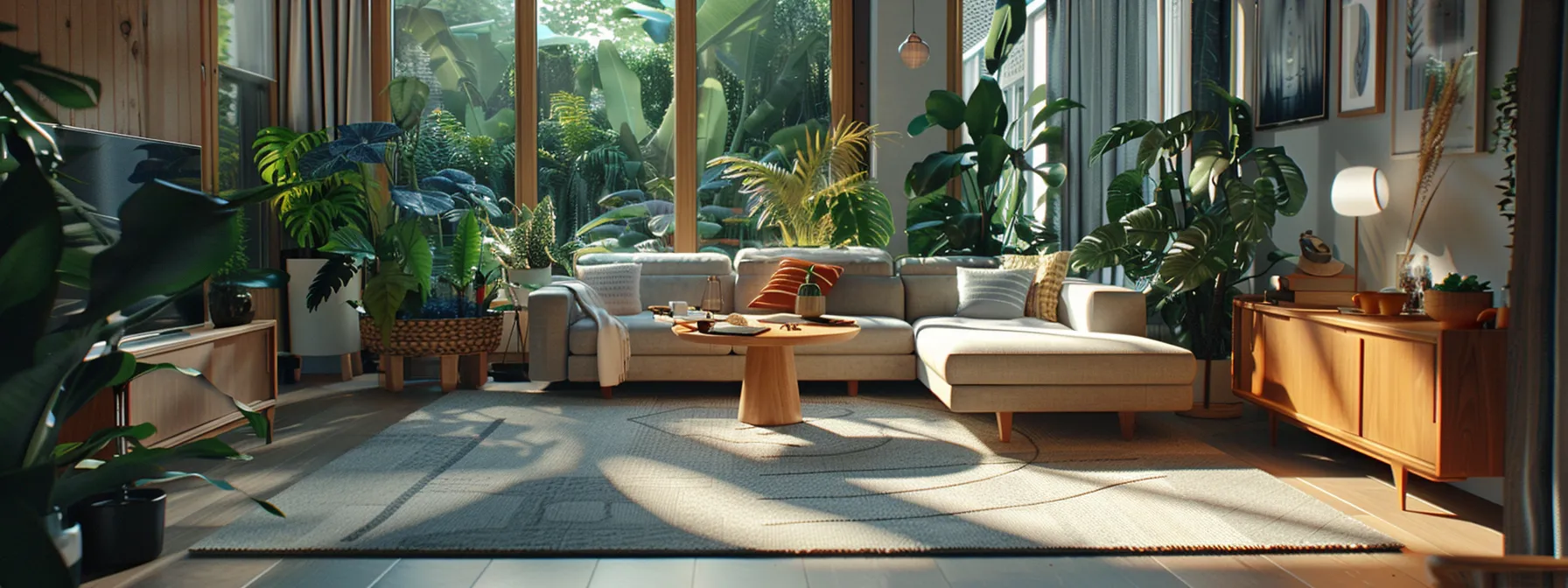 a modern living room with stylish furniture, sound-absorbing wall panels, lush green plants, and soft textiles creating a balanced blend of aesthetics and soundproofing.