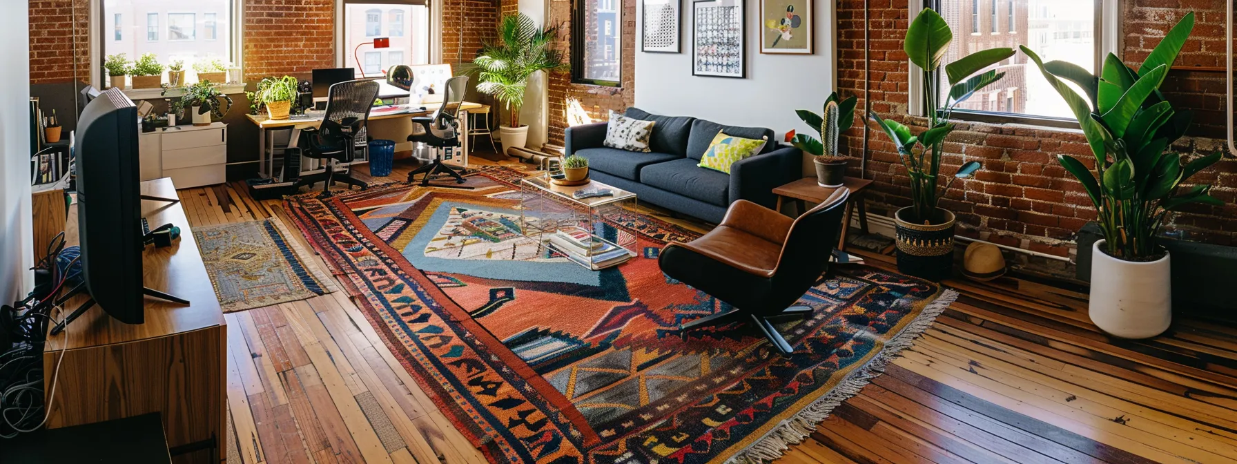 a cozy office with stylish rugs strategically placed for sound dampening.