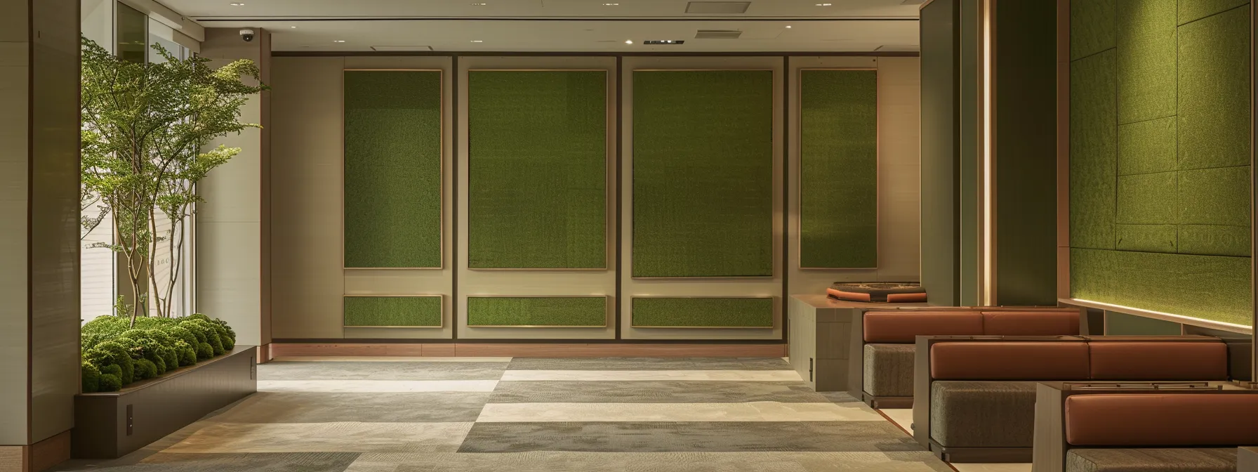 a serene room with custom acoustic walls featuring moss-moss panels and traditional designs, creating a peaceful environment.