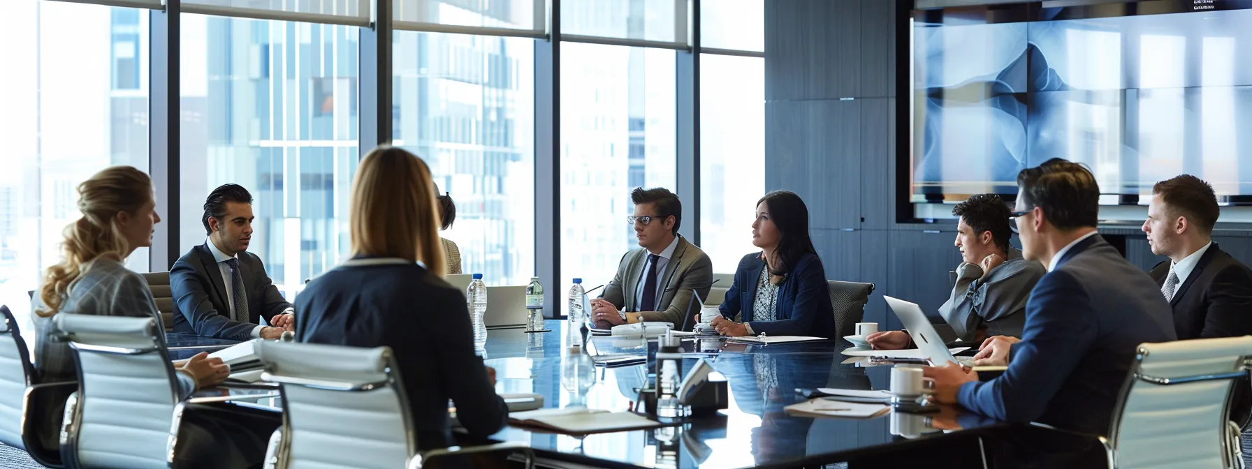 a group of professionals gathered around a sleek, modern conference table in a spacious, well-appointed meeting room, with sound-absorbing panels on the walls and ceiling enhancing the audio quality of their discussion.
