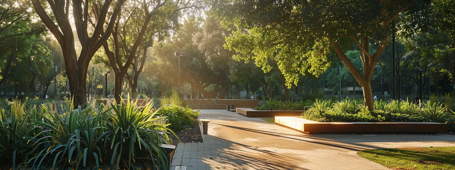 a serene park setting with sound barriers made of recycled plastics, showcasing environmental sustainability and noise control benefits.