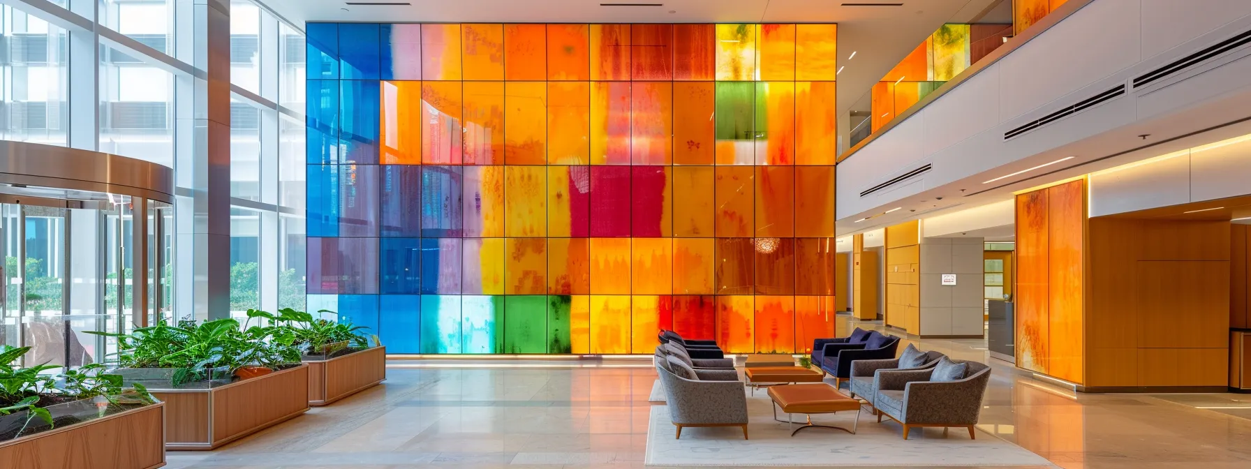 a vibrant, custom-designed acoustic wall panel seamlessly integrates into a modern, elegant interior space.