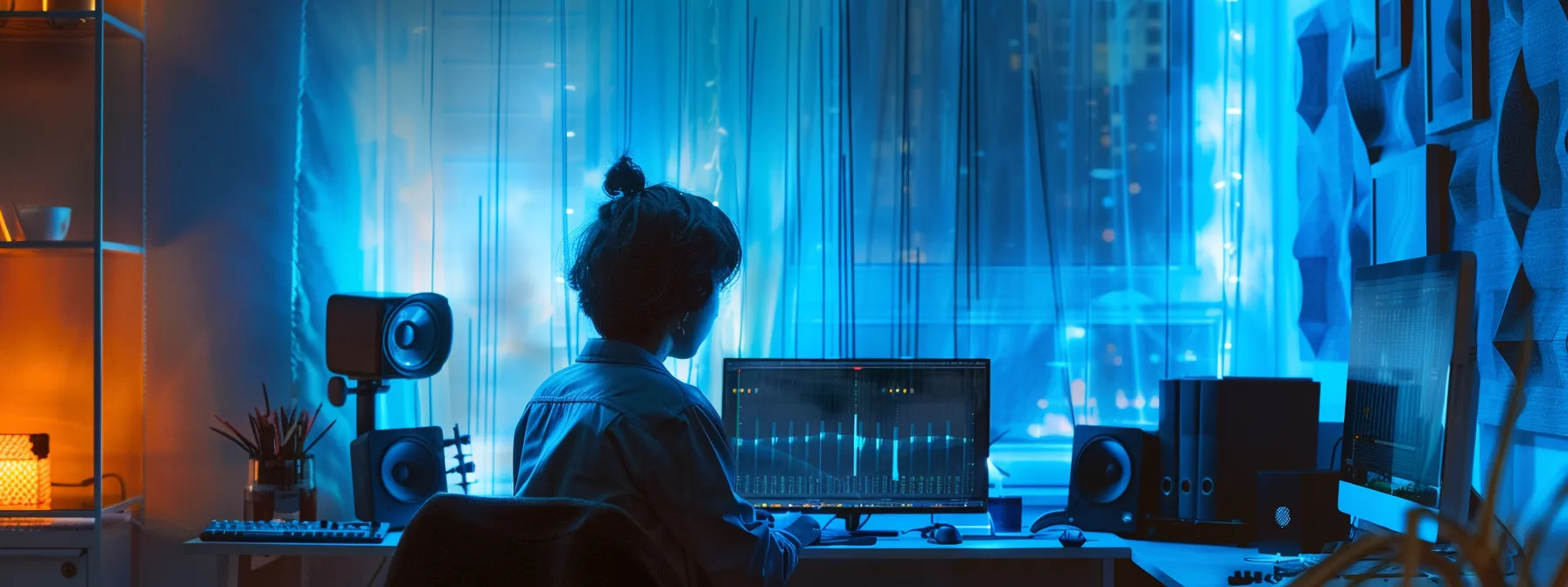 a person analyzing sound waves in a home office, surrounded by soundproofing materials and measuring equipment.