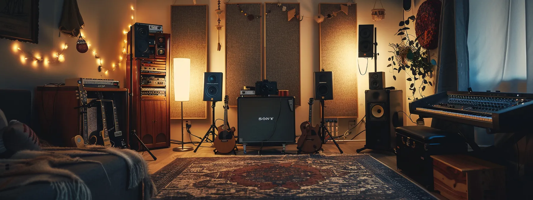 a cozy home studio with homemade acoustic panels made of mineral wool and unique vibration-dampening decorations, enhancing sound quality and reducing noise.