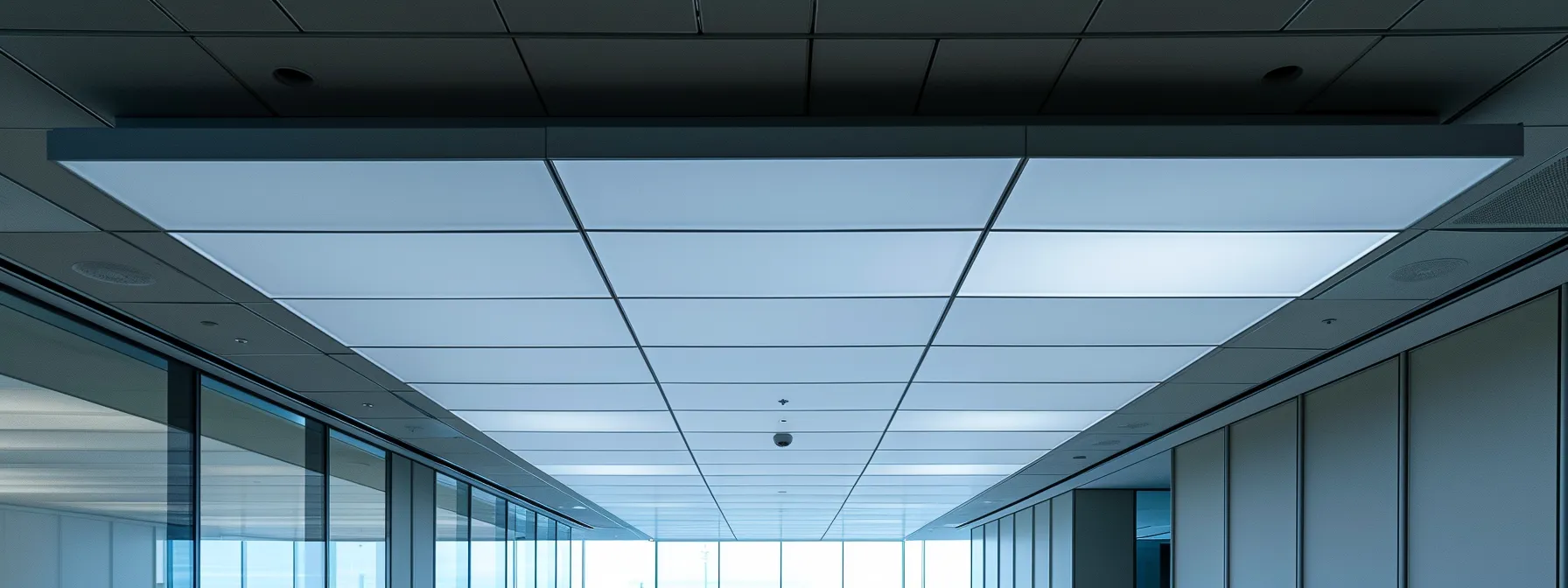 a room with acoustic tiles on the ceiling for sound reduction.