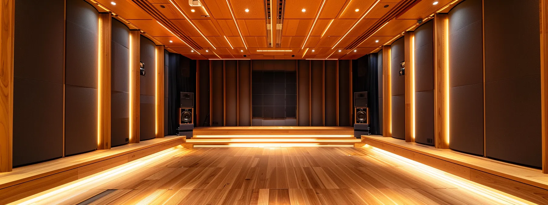 a spacious room with sleek, customizable acoustic panels lining the walls, creating a harmonious and balanced sound environment.