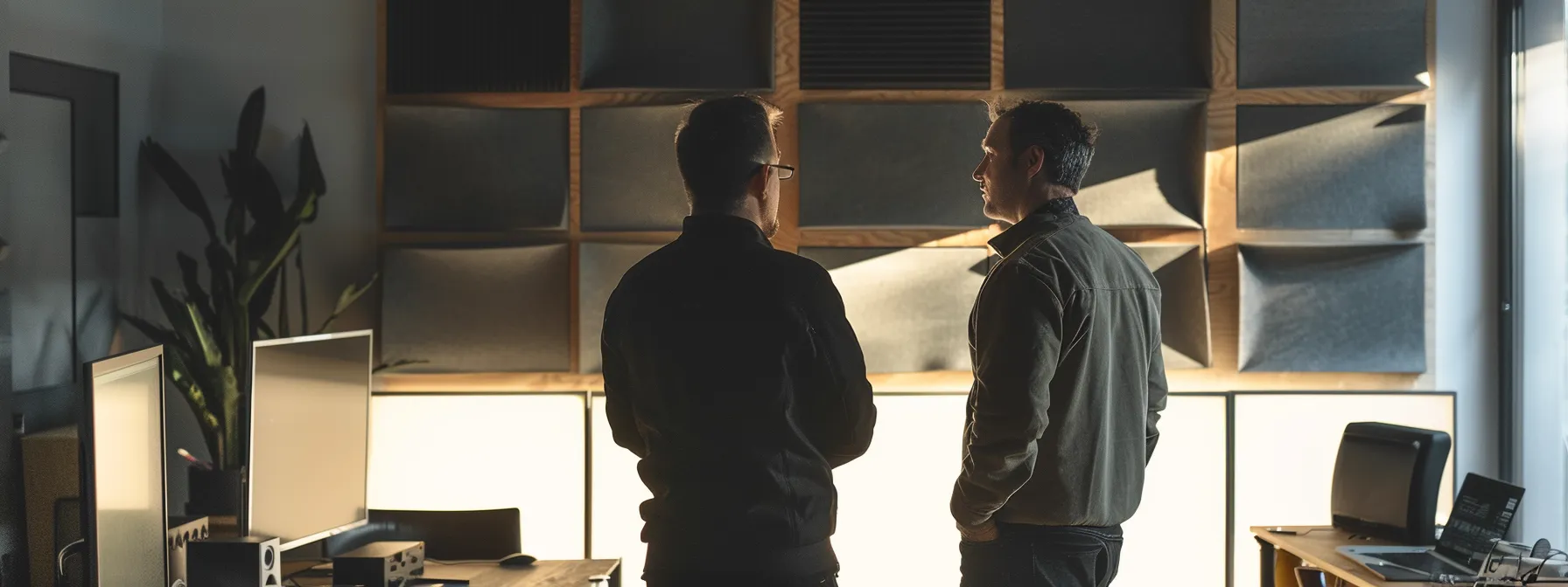 a professional consultant discussing soundproofing options with a client in a modern canadian acoustic design studio.