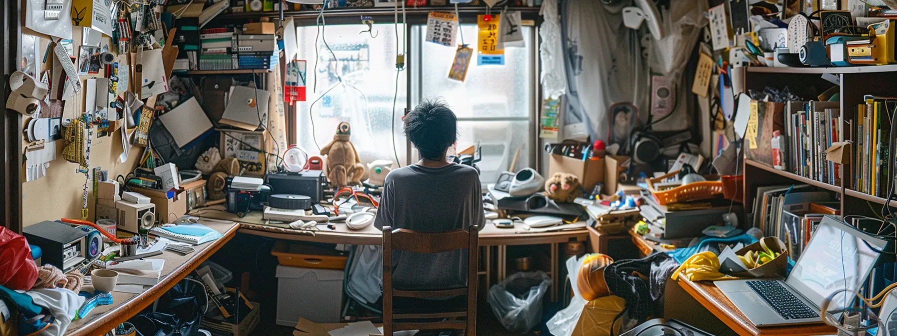 a person in a cluttered, echo-filled room, surrounded by various noise sources, looking overwhelmed and struggling to concentrate.