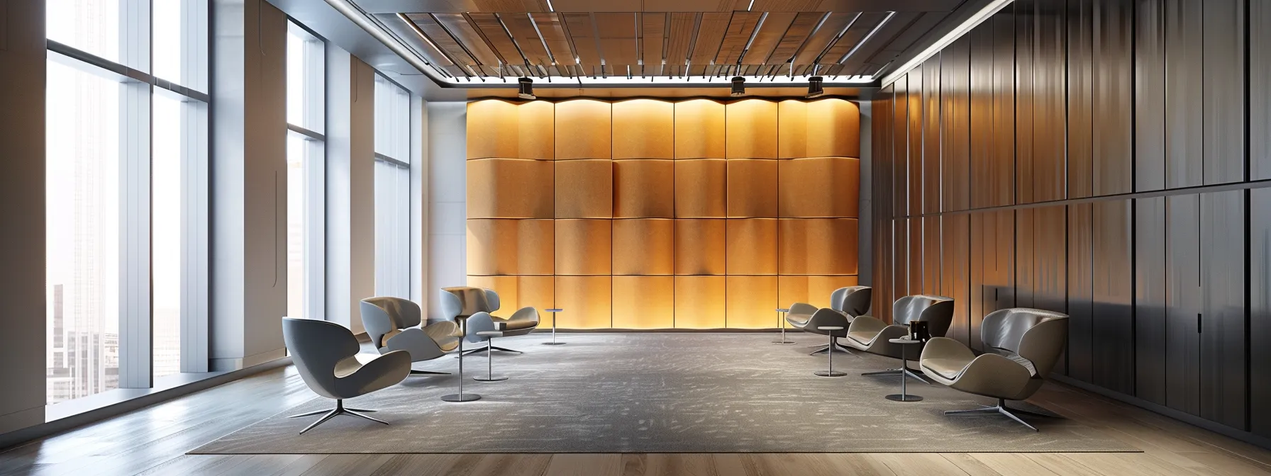 a room with sound-absorbing panels on the walls and ceiling, creating a sleek and modern acoustic environment.