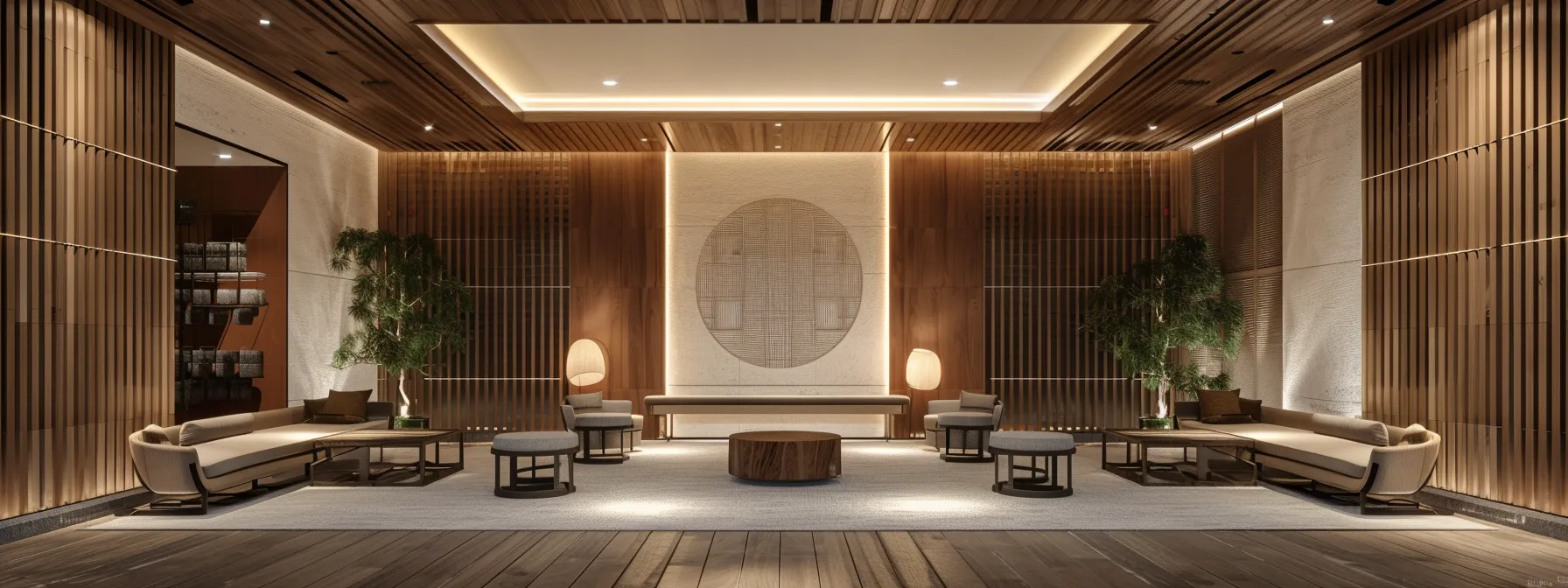 a serene room with slat wall panels adorned with custom logos and prints, enhancing sound quality with their sound reflection and absorption properties.