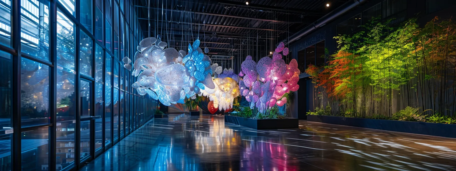 an innovative, futuristic lighting installation illuminating a modern, eco-friendly space, creating a dynamic and immersive environment for diverse cultural experiences.