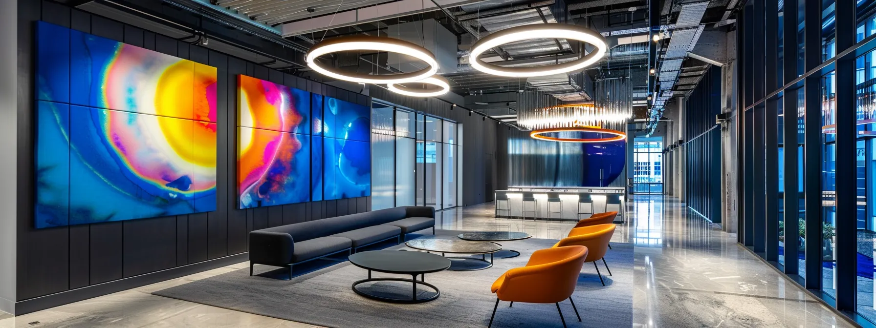 a modern office space adorned with stylish sound-absorbing wall art and strategically placed furniture exudes both aesthetics and acoustical balance.