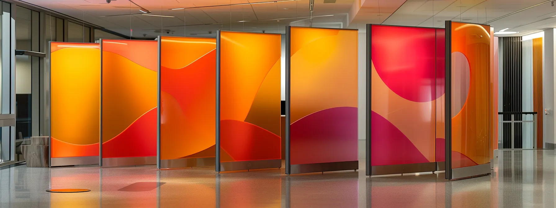 a sleek, branded acoustic divider featuring a custom logo and artistic design, enhancing a modern office space.