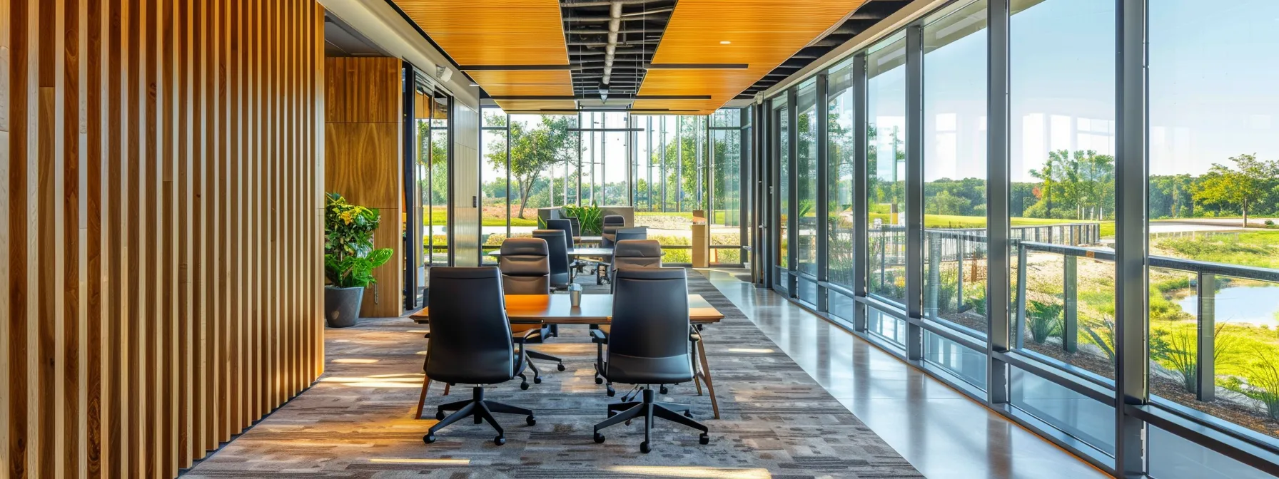 a tranquil office space featuring elegant slat wood walls and custom acoustic panels, creating a serene and productive environment.