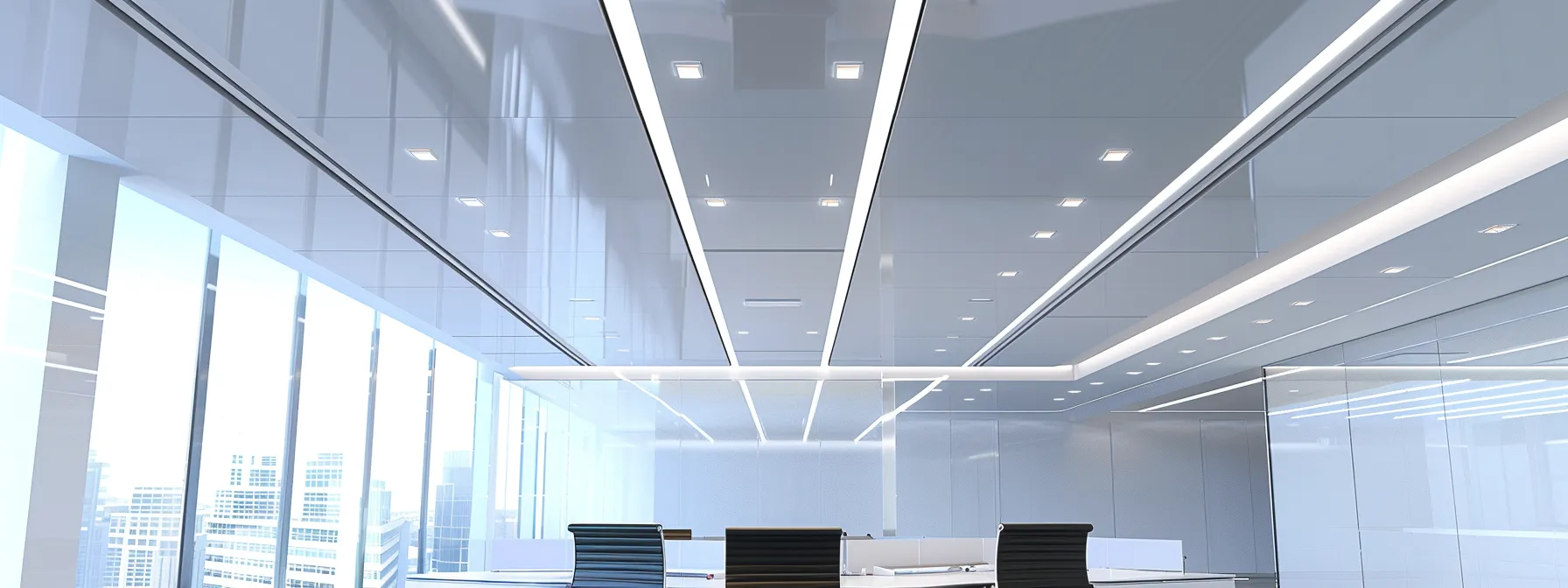 a modern, sleek acoustic ceiling seamlessly blending into a contemporary office space, absorbing sound and enhancing acoustics for a productive work environment.