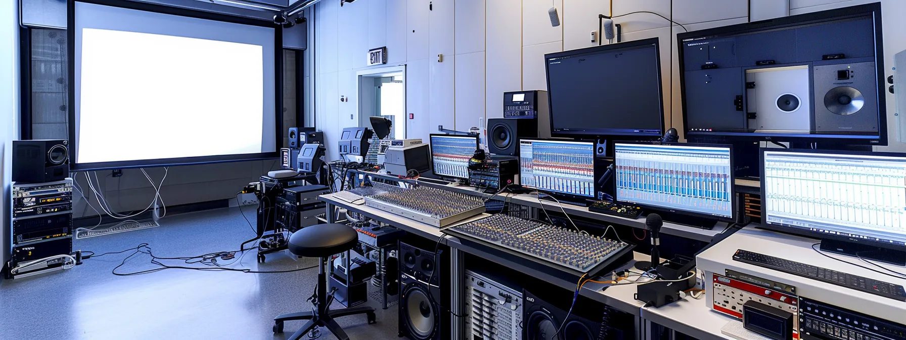 a sleek, modern canadian sound engineering laboratory filled with cutting-edge equipment and innovative acoustic technologies.