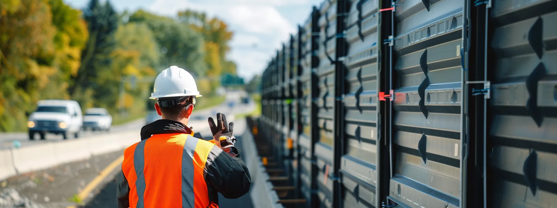 a worker efficiently installing a large recycled plastic noise barrier along a busy highway, showcasing sustainable practices and innovative design.