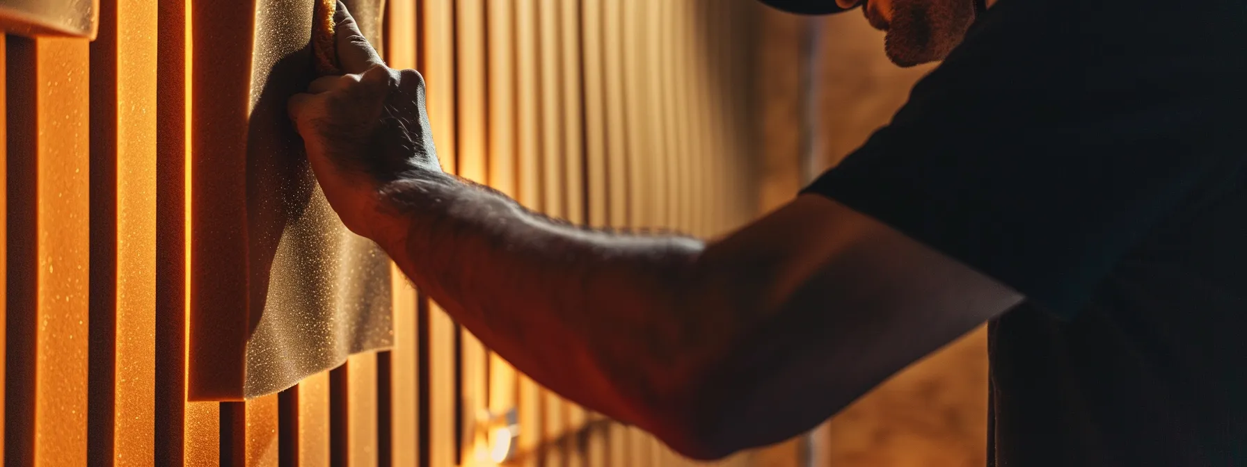 a technician wiping down a pristine acoustic panel with a microfiber cloth to ensure long-lasting performance.