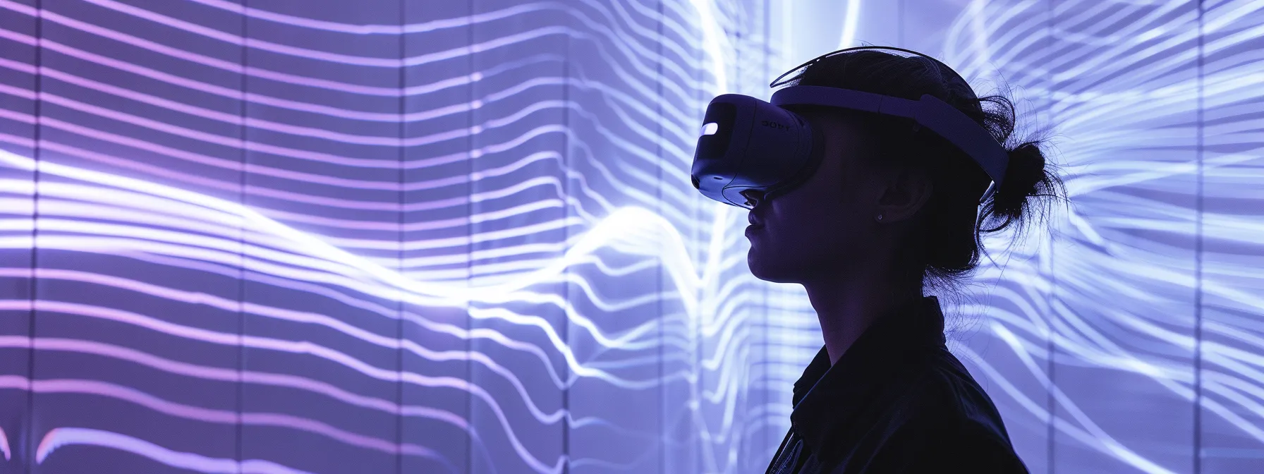 in a sleek, futuristic room, a person wearing ar glasses stands surrounded by digitally projected sound waves and virtual acoustic simulations, showcasing the cutting-edge technology of virtual acoustics and augmented reality applications.