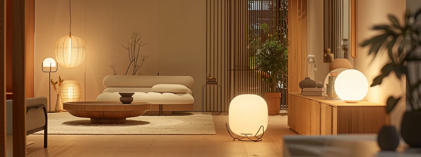 a modern furniture showroom bathed in soft, ambient lighting and surrounded by gentle, immersive soundscapes, creating a harmonious multi-sensory environment.