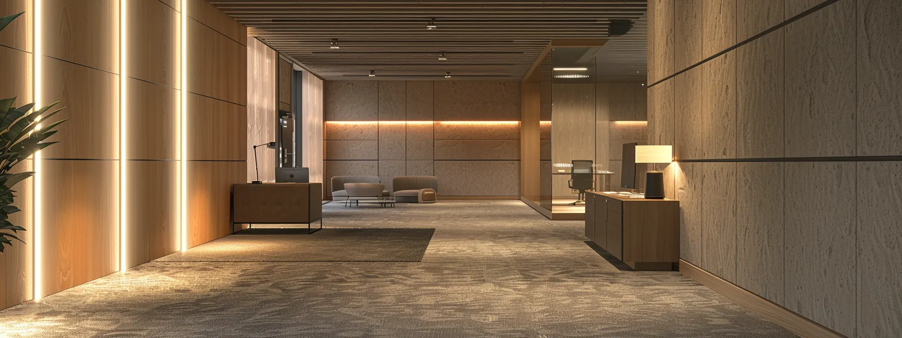 a serene, soundproofed office space with stylish acoustic wall panels and plush carpeting enhances comfort and productivity, promoting well-being.