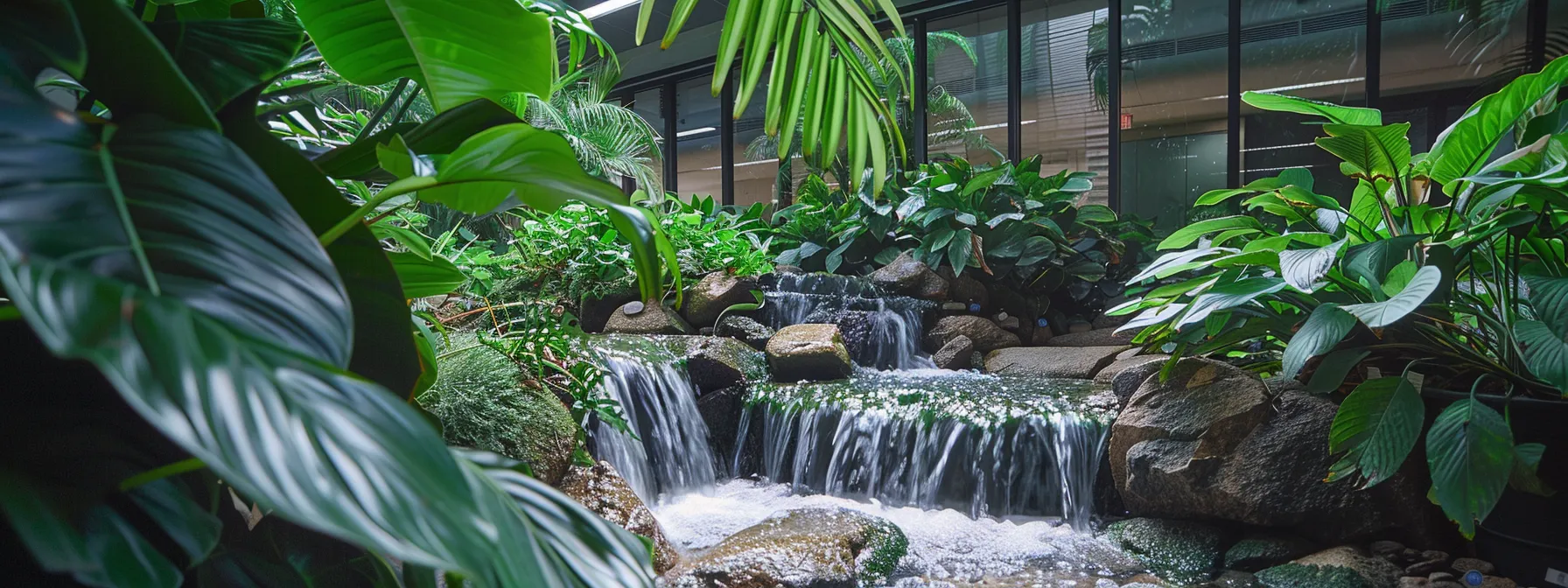 a serene office space with lush green plants and a cascading water feature, enhancing both sound absorption and visual appeal.