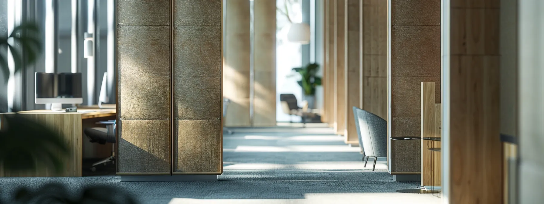 a room with acoustic dividers made of thick, dense sound-absorbing materials, creating a serene and stylish workspace.