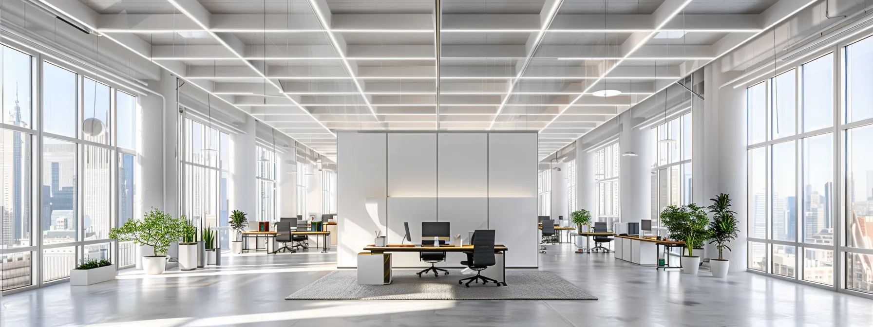 a modern office with sleek, white acoustic ceilings that dampen sound, creating a serene work environment.