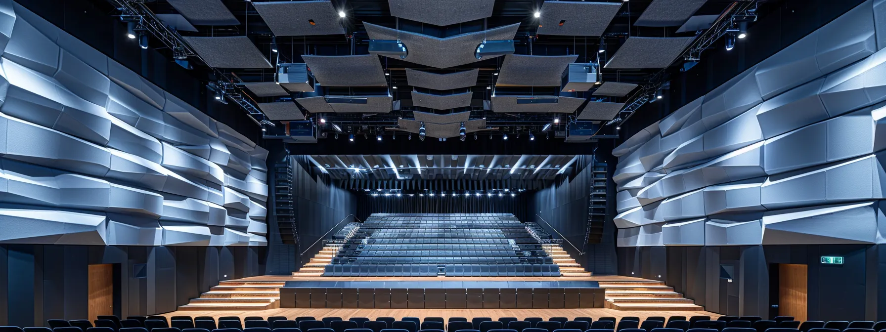 a concert venue with sound-absorbing walls and ceilings and noise-reducing flooring creating an optimal acoustic environment.