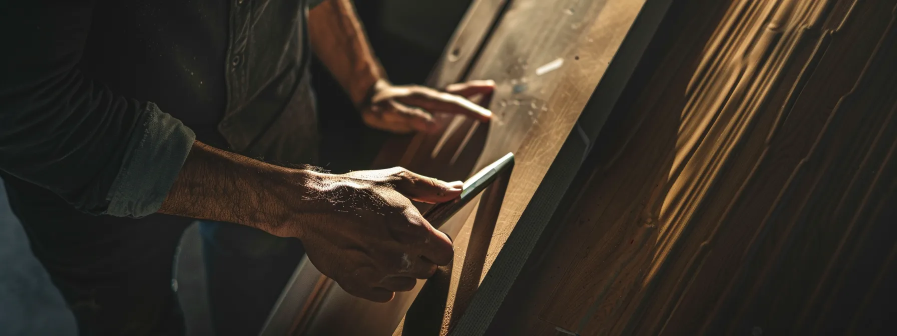 a person carefully installing specialized materials on a door to enhance acoustic isolation.