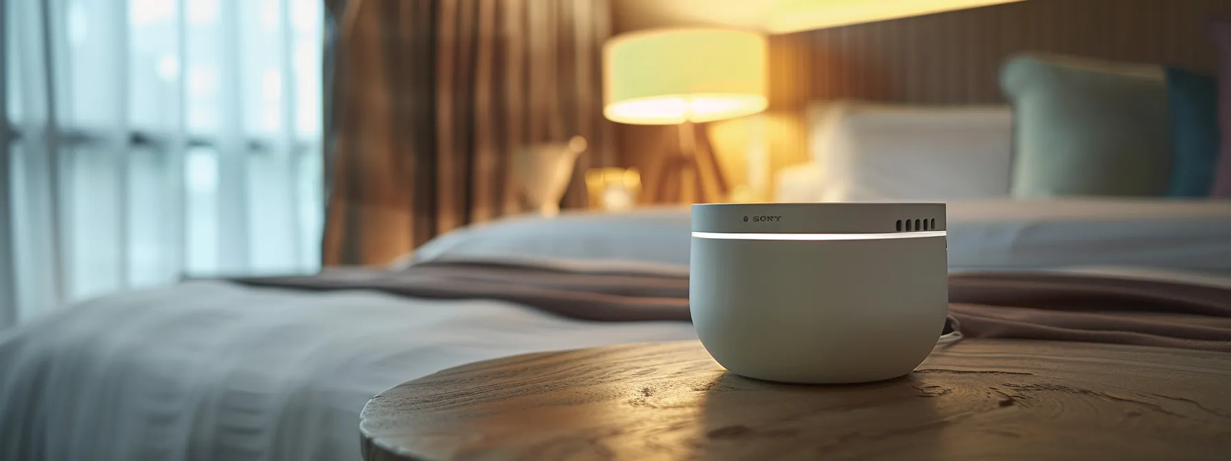 a sleek white noise machine sits on a bedside table, gently emitting calming sounds to mask disruptive noises in a modern bedroom.