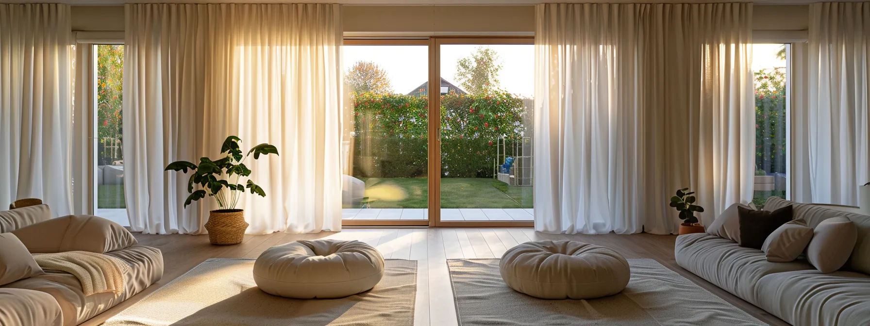 a serene living room with plush sound-absorbing curtains and sealed windows, creating a tranquil acoustic environment.