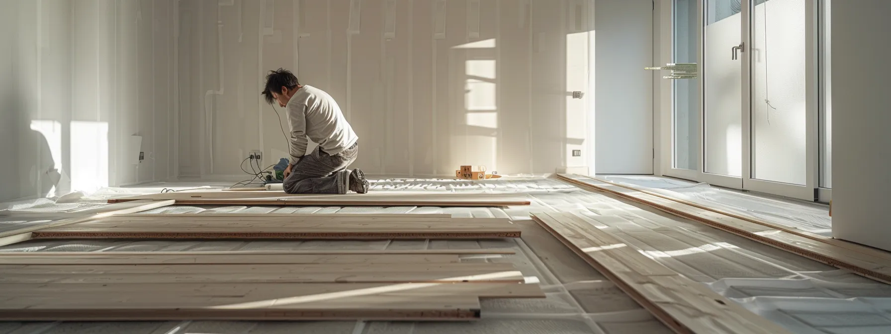 a person installing a floating floor system with plywood and acoustic membranes to soundproof an apartment building.