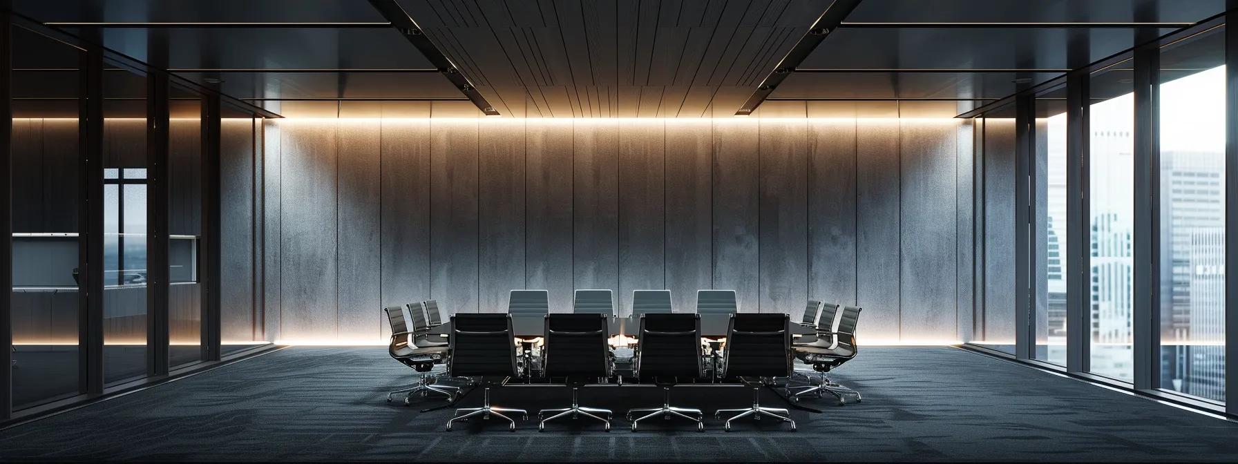 a sleek conference room with sound-absorbing panels on the walls, carpeted floors, and a suspended ceiling to optimize acoustics for clear communication during meetings.