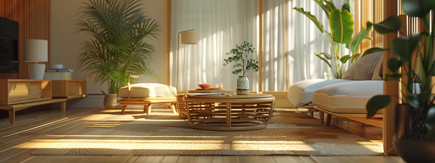 an inviting living room with bamboo furniture strategically arranged to control sound reflection and enhance acoustic comfort.