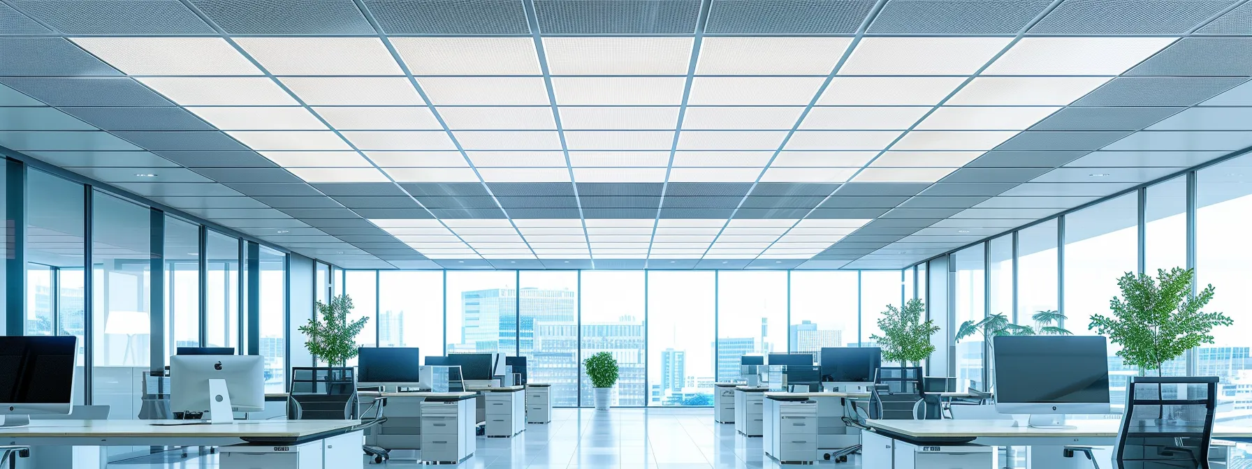 a modern office space fitted with sleek, sound-absorbing acoustic ceiling tiles to enhance noise control and productivity.