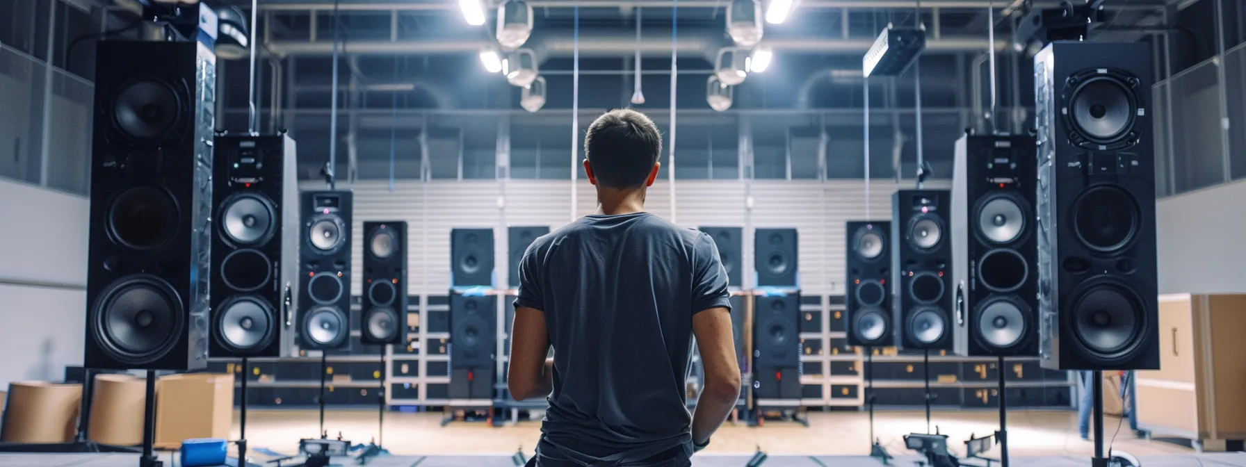 a sound engineer adjusts speakers in a gym, strategically placing them to optimize audio dispersion and reduce echo for ideal sound quality.