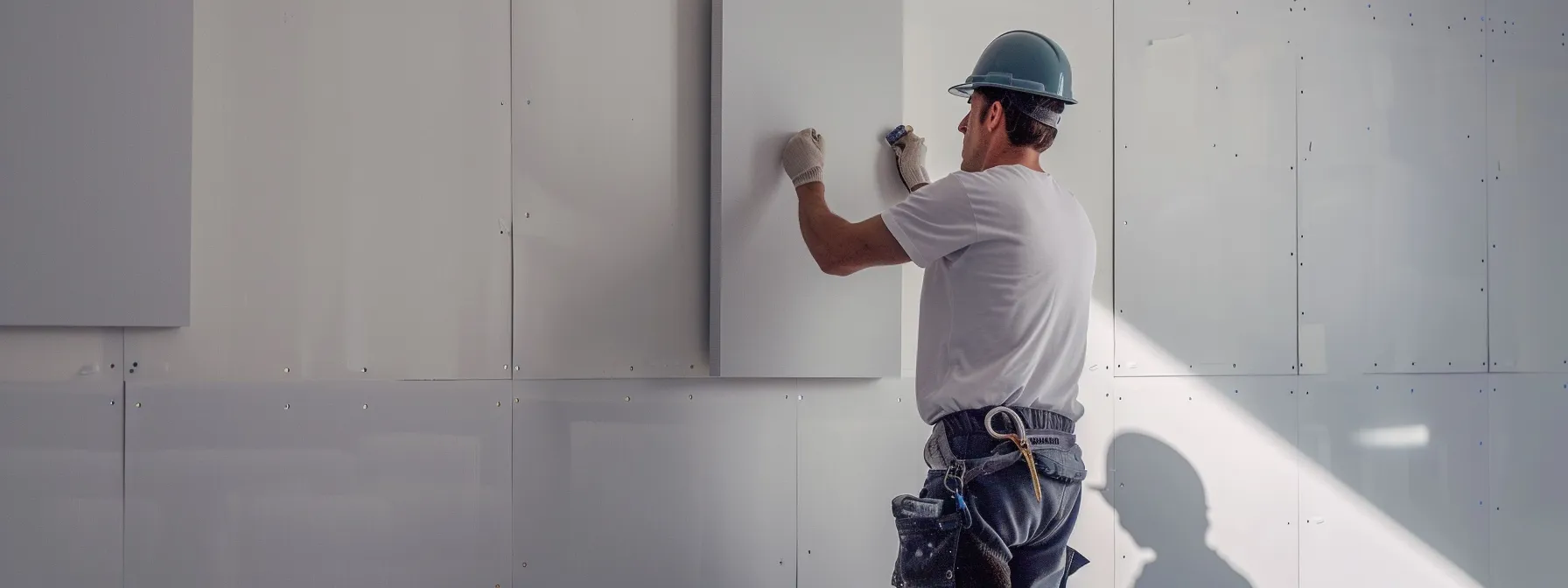 a professional installer placing acoustic edge panels on a clean, white wall with precision and care.