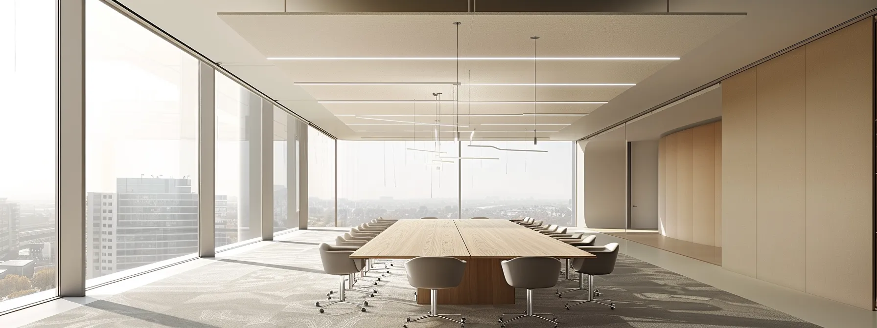 a conference room featuring sleek acoustic panels, sound-absorbing carpets, and hanging cloud panels, creating a modern and optimized space for productive meetings.