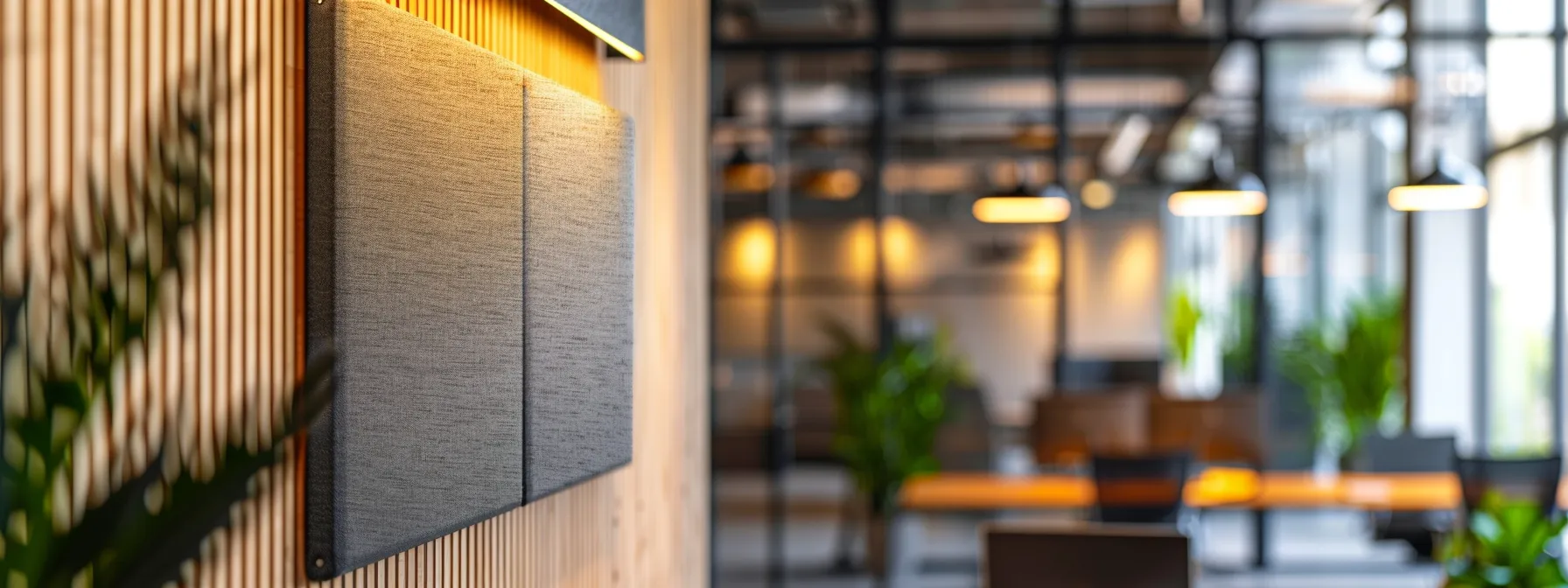 a sleek, modern acoustic panel made from cutting-edge canadian materials absorbs noise in a stylish, eco-friendly office setting.