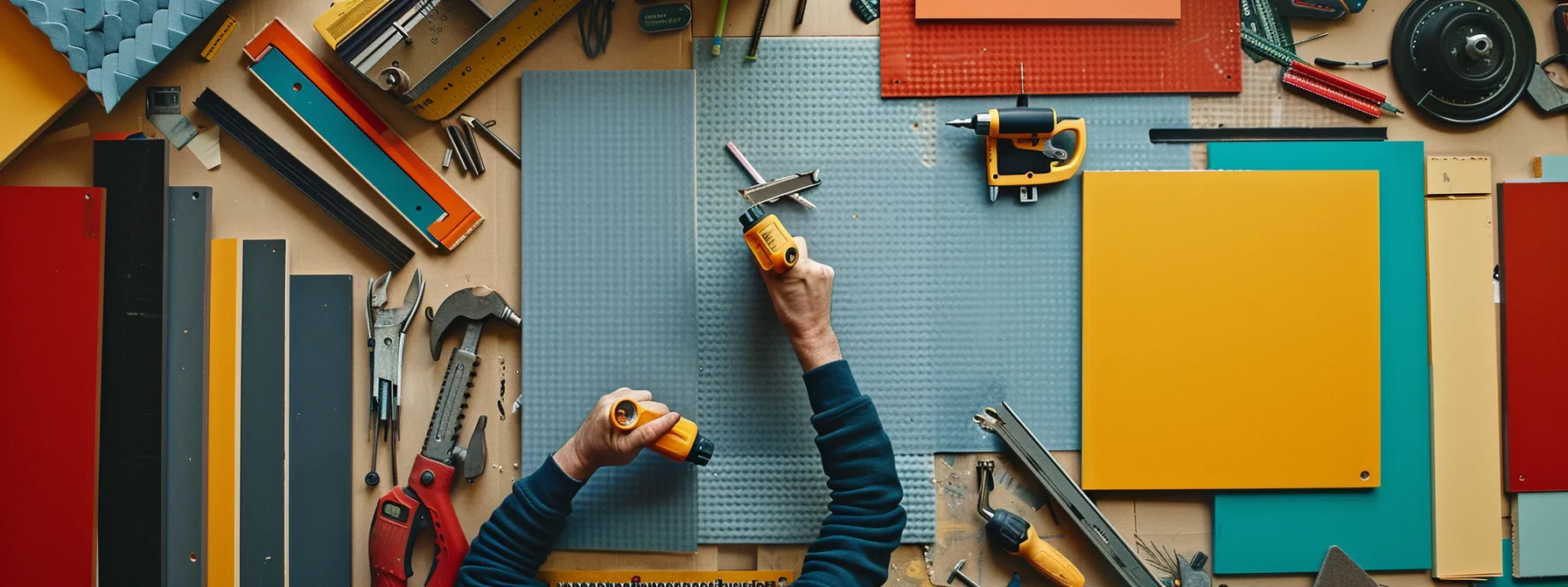 a person selecting acoustic panels of different colors and sizes, surrounded by various tools like drills, screws, and a measuring tape, ready for installation.