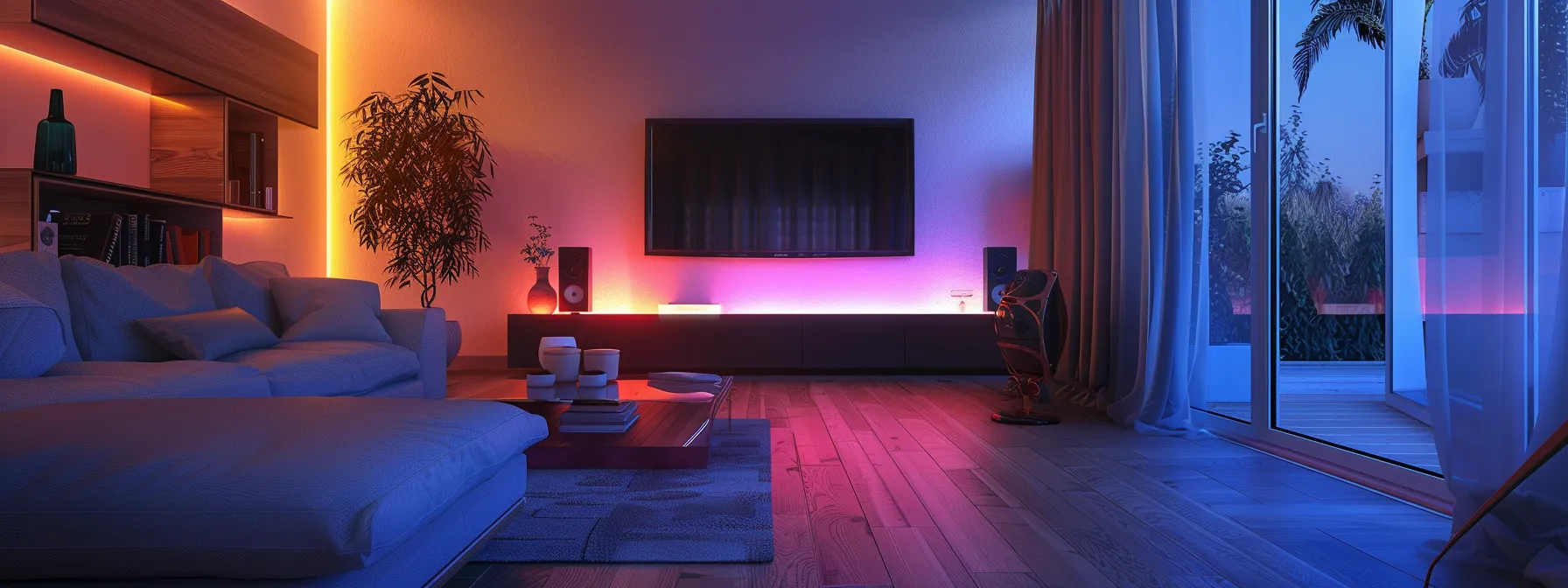 a sleek, modern living room with ambient recessed lighting and hidden acoustic paneling seamlessly integrated into the walls for a harmonious sensory experience.